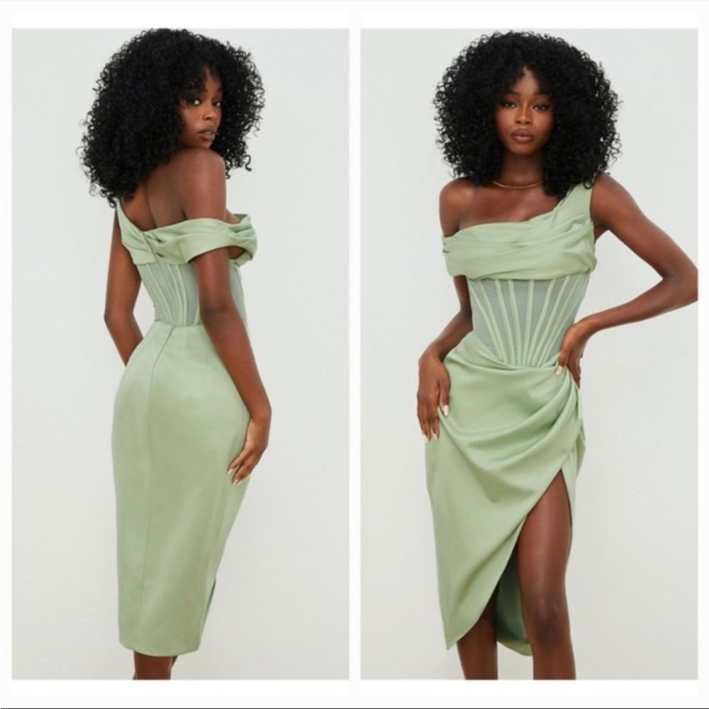 House of CB ‘Lulu’ Pistachio Asymmetric Drape Midi Corset Dress NWOT - Picture 8 of 14
